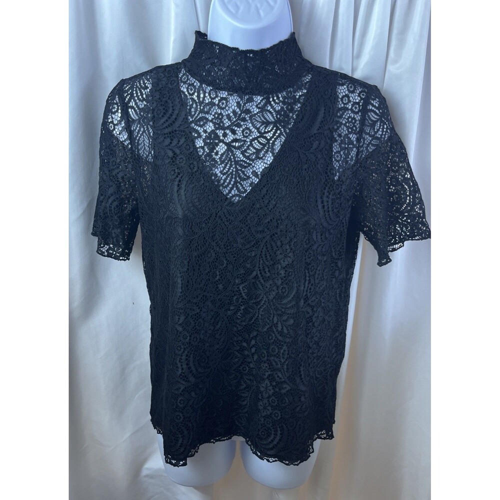 Bebe Women’s Black Jet Lace Overlay Blouse Size L Camisole Lining Whimsigoth